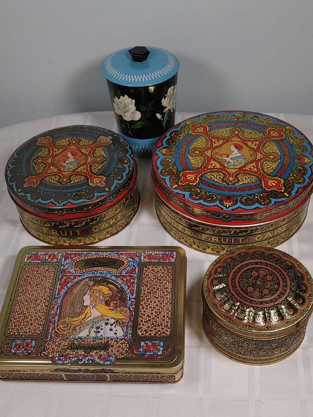 Decorative Tins, Set of 5, Mostly Vintage, Gold, Red, Blue, Black